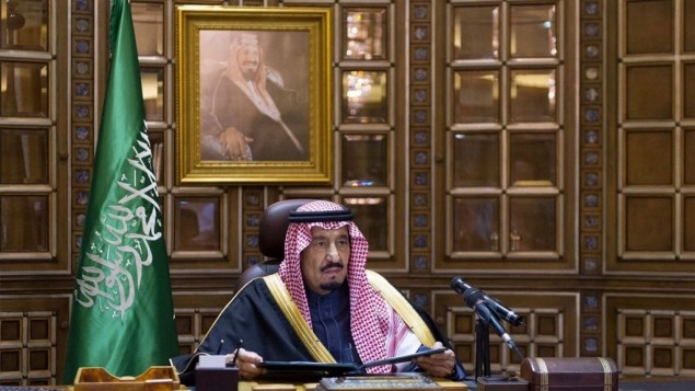 King Salman bin Abdul-Aziz Al Saud makes his first speech as king following the death of King Abdullah, Friday, Jan. 23, 2015 in Riyadh, Saudi Arabia. (AP Photo/Saudi Press Agency)